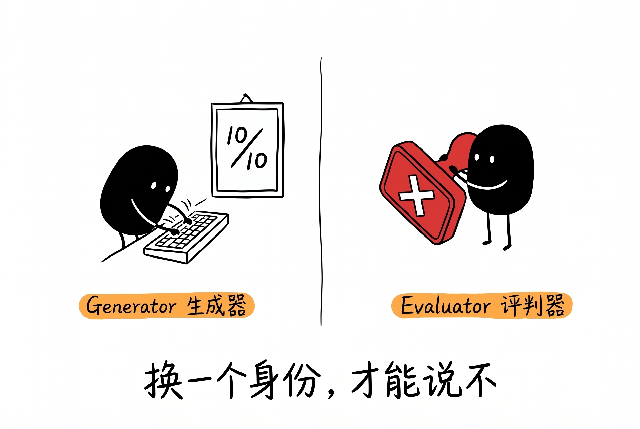 Generator小黑在疯狂敲键盘，Evaluator小黑平静盖大叉